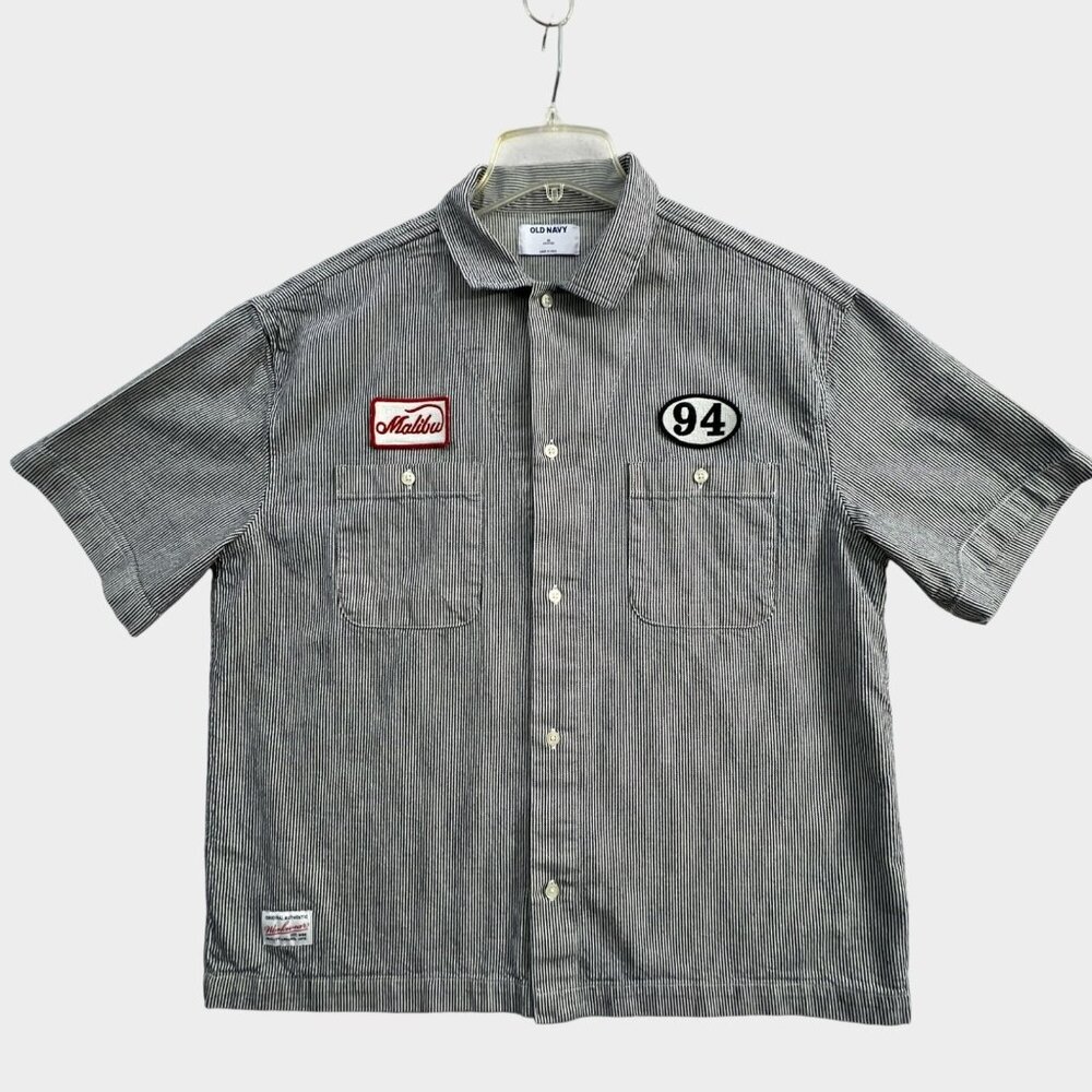 Old Navy Cropped Utility Dobby Shirt Mens Medium Railroad Stripe Workwear Patch